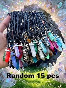 Random 1/10/15/20/30/50/100pcs Vibrant Chakra Crystal Pendants With Durable Leather Chain + Multi-Color Gemstone Set With Hexagonal Quartz, Energy Balance, Ideal Gift Choice - Multicolor - View 15