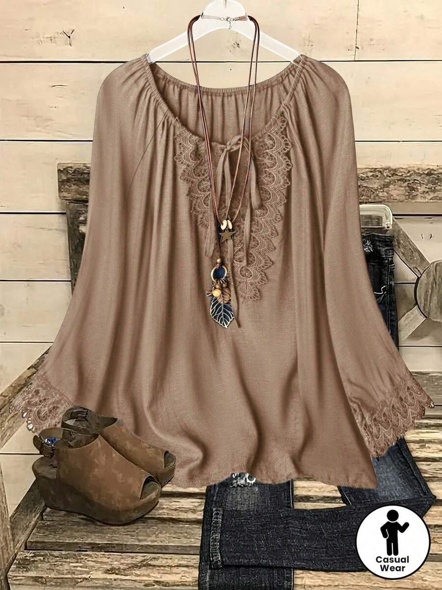 Women's Plus Size Tie Neck Lace Embroidered Tassel Blouse, Long Raglan Sleeves, Regular Fit, Bohemian Autumn Style