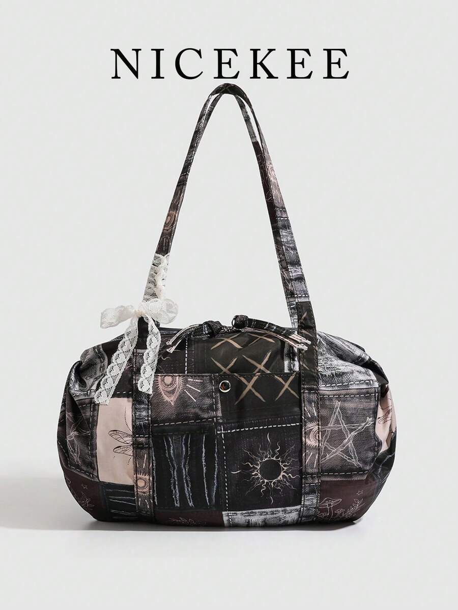 Nicekee Retro Artistic Style Relaxed Versatile Color Blocked Tote Bag, Bow Decoration Design, Large Capacity Casual Personalized Shoulder Bag. - Multicolor - View 1