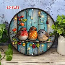2D Flat Single Piece Natural Scene Round Sign, Colorful Birds Round Wall Decor Birds On Branches Country Metal Wall Art, Wall Decor Sign, Suitable For Home, Garage, Restaurant, Cafe, Round Sign (Random Hole Position) - A - View 3