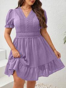 Vestido De Verano Plus Con Encaje De Guipur, Inserción De Encaje En El Dobladillo Con Volantes - Blanco - Ver 1