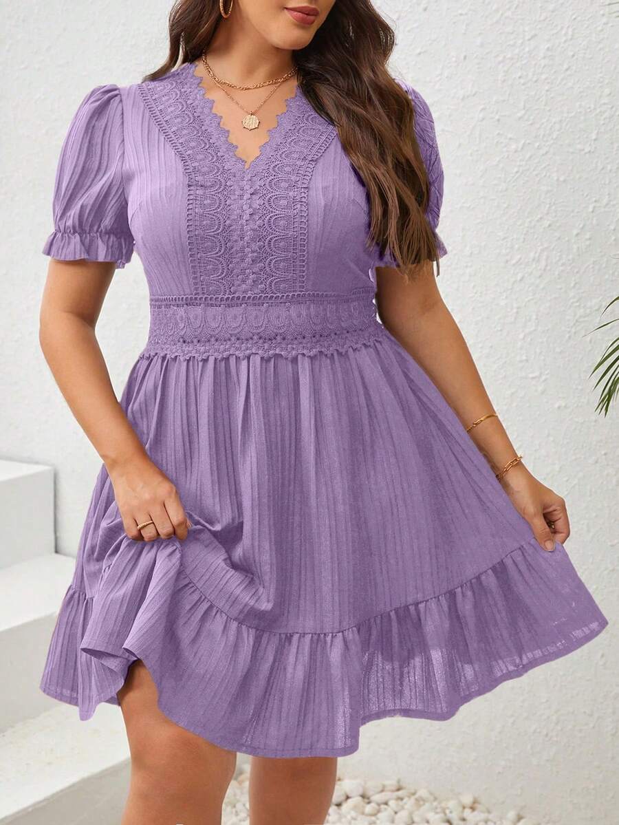 Vestido De Verano Plus Con Encaje De Guipur, Inserción De Encaje En El Dobladillo Con Volantes - Blanco - Ver 1