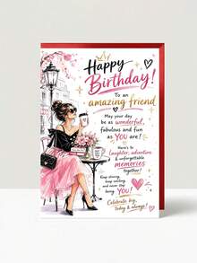 1pc Birthday Card With Envelope - "Happy Birthday To An Amazing Friend" Chic Fashion Illustration Greeting For Female Bestie, Birthday Celebration Gift, Blank Inside - View 1