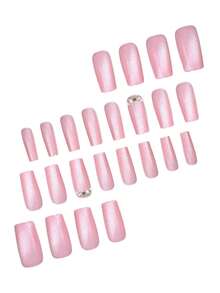Change Your Nails With 24pcs/Set Elegant Cat Eye Effect Pink Multicolor Rhinestone Effect Medium Length Square Press-On Nails, With Nail Art Tools, Perfect For Girls And Women Daily Wear, Parties, Gatherings, Luxury High-End Nail Art - Baby Pink - View 2