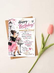 1pc Birthday Card With Envelope - "Happy Birthday To An Amazing Friend" Chic Fashion Illustration Greeting For Female Bestie, Birthday Celebration Gift, Blank Inside - View 3