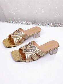 1 Pair Women Champagne Heart Rhinestone Slide Sandals, Slip On Daily Party Dress Footwear - Gold - View 6