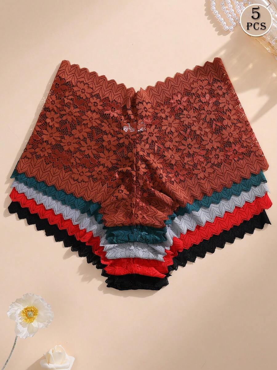 5件組女款性感蕾絲拼接中腰無痕內褲，舒適彈性內褲，適合日常穿著與運動瑜珈