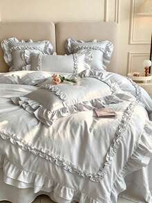 3pcs Skin-Friendly Soft Comfortable White Double-Layer Ruffle Edge Pleated Inner Frame Ruffle Craft Duvet Cover Set (1*Duvet Cover + 2*Pillowcases, Core Not Included), French Country Style, Lady Style, Suitable For Bedroom, Guest Room, Boys And Girls Bedding, Machine Washable, All Season Use - Light Grey - View 15