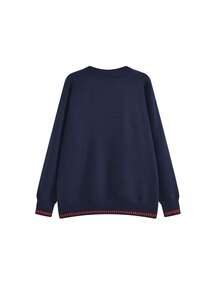 American Vintage Letter Flag Crew Neck Knit Sweater, Clean Fit Slouchy Loose Casual Pullover, Brand Tops - Blue - View 7