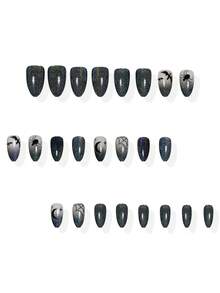 Elevate Your Look,Halloween 24Pcs Short Almond Full Coverage Glossy Laser Cat's Eye False Nails,Black Gradient Ombre Spider-Bat Design Nail Art,Simple, Cute And Stylish Press On Nails - Black - View 3