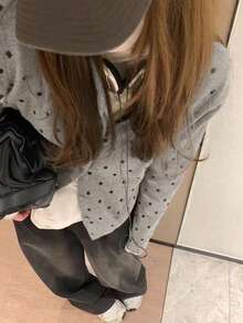 波點女款春季長袖休閒開襟針織外套背心 - 灰色 - 查看 4