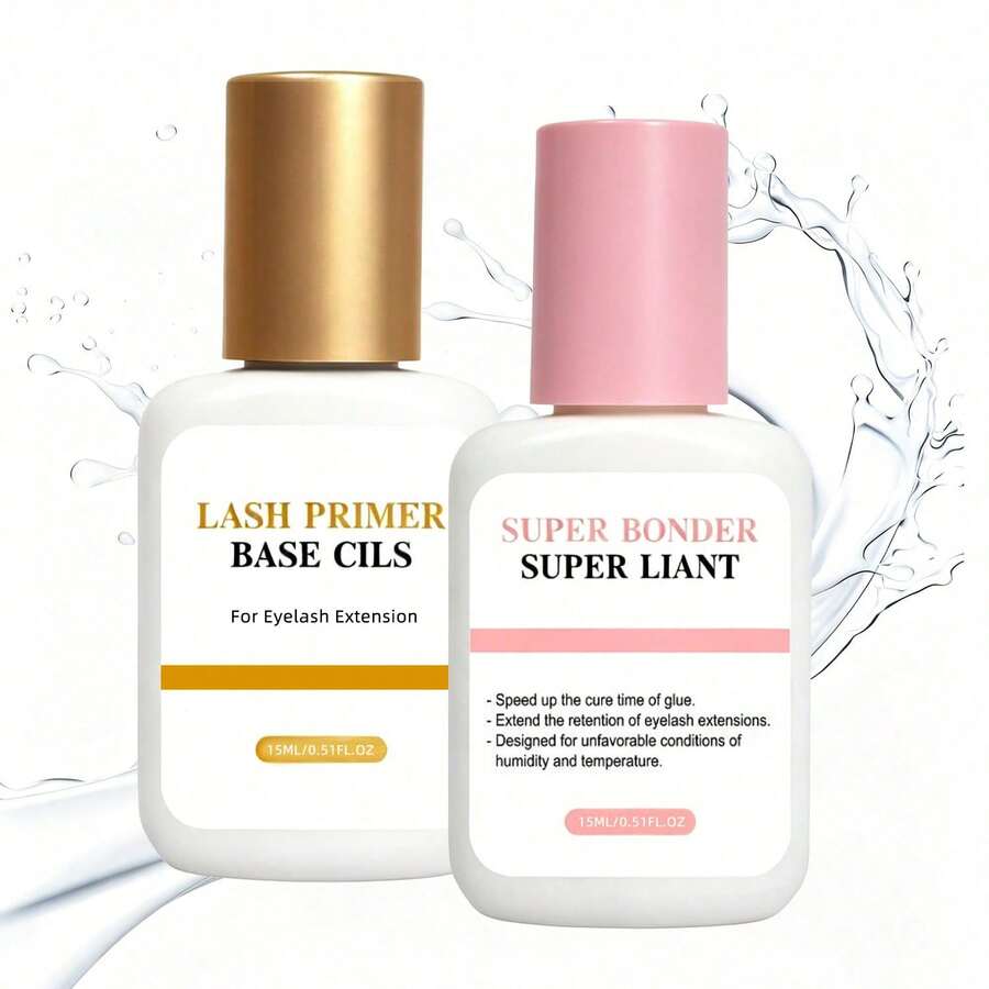 SRCKFIZ Eyelash Extension Base Glue And Strong Adhesive Set, 15ML Per Bottle, Eyelash Base Glue, Eyelash Glue Accelerator, For Eyelash Extension, Improve Adhesion, Speed Up Glue Curing Time, Professional Eyelash Supplies - View 1