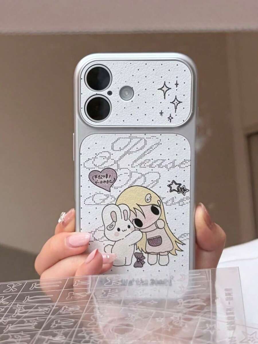 1 pieza Funda de teléfono con ventana grande de conejo con lazo de estrella, textura de lichi blanca, compatible con 13/14/15/16/17 PRO PROMAX PLUS, funda de teléfono con ventana grande de cobertura completa - Chica conejo - Ver 1