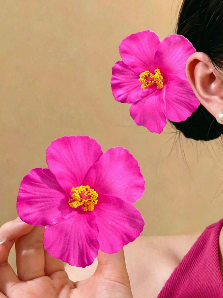 2件組女款玫瑰紅扶桑花熱帶花朵髮夾，適合夏季海灘度假旅行、日常配戴、假日派對髮飾