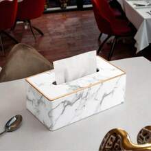 1pc Gold Trim PU Leather Marble Pattern Tissue Box, Can Be Used As Bathroom, Room, Home Decor Item, Also Essential Accessory For Bathroom Decoration And Storage - Black and White - View 5