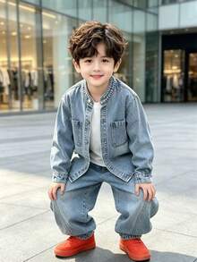 Boys' Autumn Loose Fit All-Over Print Long Sleeve Denim Jacket & Denim Pants 2 Pieces Set, Suitable For Back To School, Daily Wear And Outdoor Activities - Baby Blue - View 6
