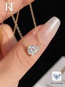 KAHOOT 1pc Minimalist High-Quality 925 Sterling Silver 1ct Moissanite Teardrop Necklace, Suitable For Women's Daily Wear - Gold - View 2