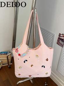 Dedoo 帆布托特包，卡通刺繡，彩色繩飾，大容量，校園背包，大學校園，休閒韓系學生單肩包 - 粉色 - 查看 5