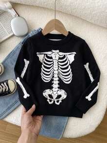 Boys Streetwear Halloween Skeleton Graphic Knit Pullover Sweater, Suitable For Halloween, Autumn And Winter - Black - View 3