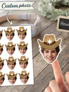 12/24/48pc Custom Photo Sheriff Cowboy Hat Face Stickers, Western Star Badge Cowboy Portrait Cutout Stickers, Personalized Wild West Sheriff Stickers,Western Rodeo Themed Birthday Party Favors - Multicolor - View 2