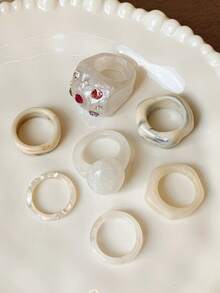 Set Cincin Resin Mewah Gaya Korea 7 Buah Motif Marmer Beige dengan Inlay Zirkonia Berwarna-warni, Desain Personal yang Manis, Keren, dan Menawan untuk Wanita, Cocok untuk Pemakaian Sehari-hari, Pesta, Perjalanan, Musim Wisuda, Kembali ke Sekolah, Ramadan Timur Tengah, Aksesori Hadiah Idul Adha - Grey - View 3