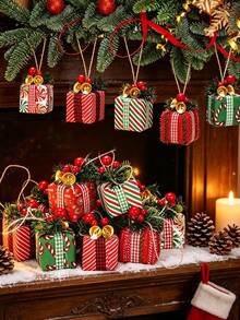 Christmas Tree Gift Box Decoration, Red And Green Christmas Packaging Box With Bells, Red Berries And Pine Needles, Christmas Tree Home Fireplace Decor, Party Supplies (Random Style As Shown In Image) - Multicolor - View 5