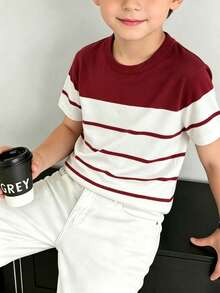 Teen Boys Classic Burgundy And White Striped All-Match Knit Top, Casual Short Sleeve Knit Pullover, Suitable For Everyday Versatile Style - Multicolor - View 8