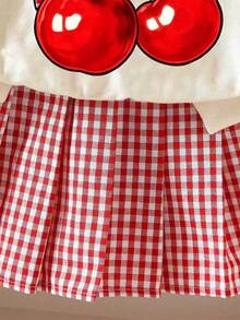 Baby Girl Cherry Bow Print 2 In 1 Long Sleeve Top And Plaid Skirt - Apricot - View 5