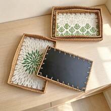1pc 34cm X 24cm X 5cm Woven Rattan Shell Wavy Edge Rectangular Tray For Home Desktop Storage - Multicolor - View 4