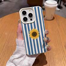 1 buah Casing Ponsel Bahan TPU Motif Bunga Matahari Garis Biru Kompatibel dengan iPhone 17 Pro Max/17/16 Pro Max/15/13/12/11/ S20 FE/A15/S24/A55/ Note 11/Note 12/Note 13 Pro Pelindung Ponsel Soft Shell Anti-Jatuh Cakupan Penuh - Putih - View 4