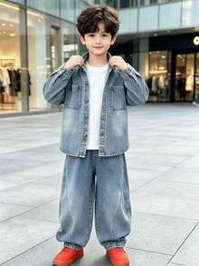 Boys' Autumn Loose Fit All-Over Print Long Sleeve Denim Jacket & Denim Pants 2 Pieces Set, Suitable For Back To School, Daily Wear And Outdoor Activities - Baby Blue - View 3