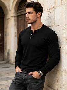 Men's Spring/Autumn New Casual Minimalist Henley Collar Long Sleeve Top, Suitable For Daily Commute And Vacation Wear - Black - View 4