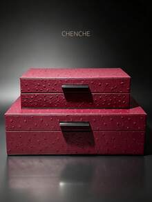 1 Set 2pcs Large & Small Ostrich Pattern PU Leather Jewelry Box With Metal Handle, Luxury Burgundy Rectangular Lid Storage Box, Bedroom Vanity Home Decor Gift - Burgundy - View 13