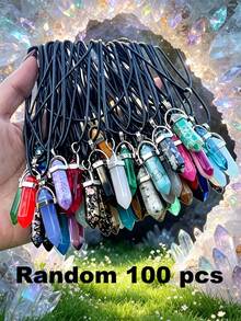 Random 1/10/15/20/30/50/100pcs Vibrant Chakra Crystal Pendants With Durable Leather Chain + Multi-Color Gemstone Set With Hexagonal Quartz, Energy Balance, Ideal Gift Choice - Multicolor - View 17
