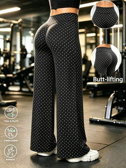 1pc Women's Yoga Pants Casual Sports Polka Dot Straight Leg High Waist Slimming Tummy Control Dance Wide Leg Long Pants
