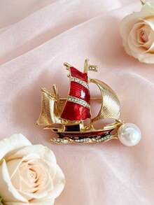 1pc Sculpted Sailing Vessel Brooch, Nautical Motif, Old-World Retro Style, Unisex Coat Pin, Ceremony & Daily Styling, Fall OOTD Jewelry Ornament - Red Sailboat Model a - View 11