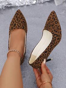 Women's Leopard Print Suede Pointed Toe Stiletto High Heel Pumps, Low Vamp Professional Commute Date Party Comfortable Shoes - Leopard Print - View 2