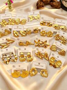 4/8/16/24pcs Luxury Gold-Plated Textured Geometric Stainless Steel Earrings - Multicolor - View 3
