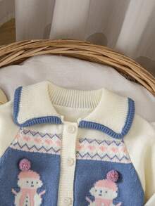 1pc Girls Winter Snowman Jacquard Knit Cardigan, Peter Pan Collar Contrast Color Single-Breasted Long Sleeve Baby Coat, Spring/Autumn Layering Sweater - Beige - View 4