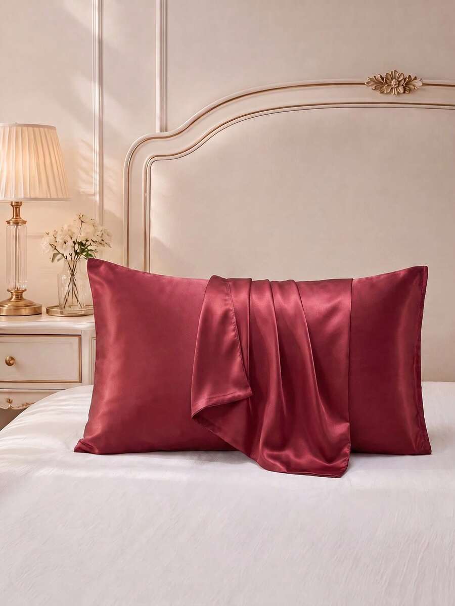 2pcs Burgundy Premium Satin Silk Envelope Pillowcase Set, Wrinkle-Resistant, Gentle On Hair And Skin, No Filling, Silky Soft And Breathable, Machine Washable, Suitable For Standard Double, Queen, Twin Bed, Back To School Dorm Bedding - Burgundy - View 1