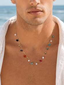 1pc Bohemian Natural Crushed Stone & Pearl Choker Necklace, Colorful Raw Stone Pendant Fine Chain Necklace, Beach Vacation Style Men's Neck Chain - Gold - View 3