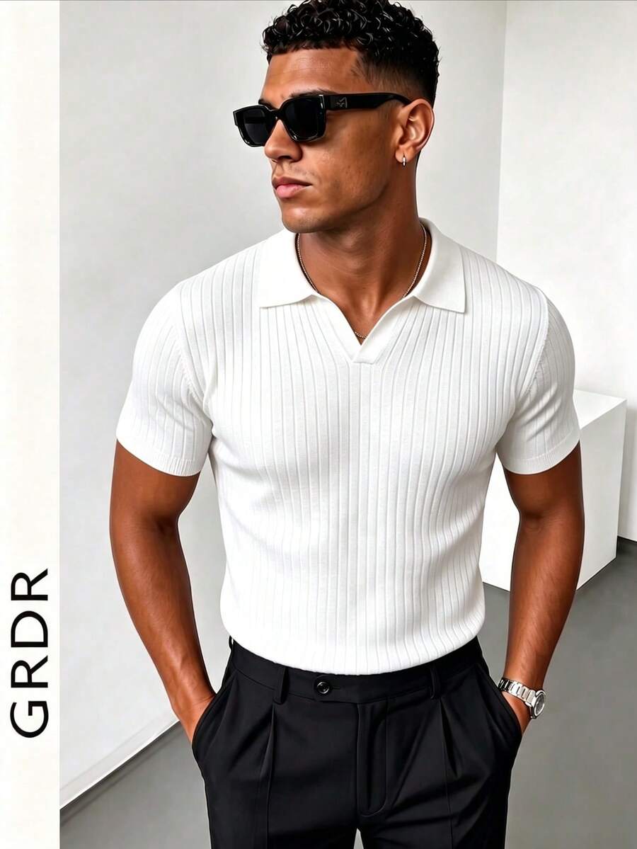 GRDR 男士夏季纯色 Polo 领短袖针织衫，适合夏季外出穿着，时尚造型必备单品