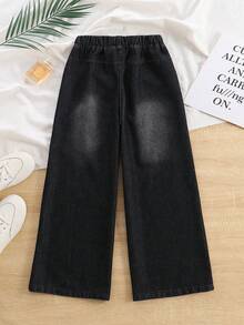 Girls' Black Denim Jeans, Fashion Casual Versatile Style, Cat Whisker Wash Effect, Wide Leg Long Pants, Suitable For Spring, Summer, Autumn, Winter - Black - View 6