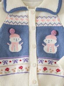 1pc Girls Winter Snowman Jacquard Knit Cardigan, Peter Pan Collar Contrast Color Single-Breasted Long Sleeve Baby Coat, Spring/Autumn Layering Sweater - Beige - View 5