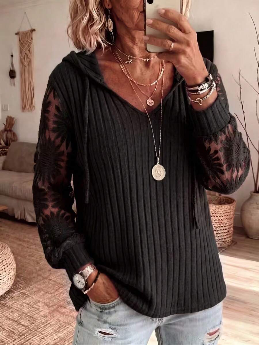 Plus Size Women's Ribbed Knit Drawstring Hooded Top, Floral Lace Patchwork Long Sleeve V-Neck Loose Pullover, Autumn Bohemian Style Casual Vacation Blouse - Black - View 1