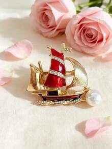 1pc Sculpted Sailing Vessel Brooch, Nautical Motif, Old-World Retro Style, Unisex Coat Pin, Ceremony & Daily Styling, Fall OOTD Jewelry Ornament - Red Sailboat Model a - View 7