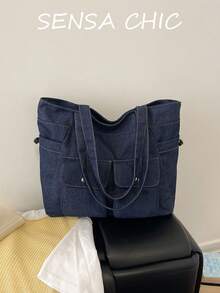 Bolso Tote de Denim Azul Profundo Lavado unicolor, Uso Dual de Mano & Hombro, Múltiples Bolsillos con Broches, Estilo Casual Coreano Bolso Grande para Viajes Diarios, Estudiante & Trabajador de Oficina, Escuela, Viajes, Duradero, Versátil, Bolso de Hombro Ins talla grande Vendido - Azul lavado oscuro - Ver 7