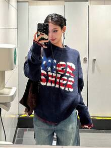 American Vintage Letter Flag Crew Neck Knit Sweater, Clean Fit Slouchy Loose Casual Pullover, Brand Tops - Blue - View 3