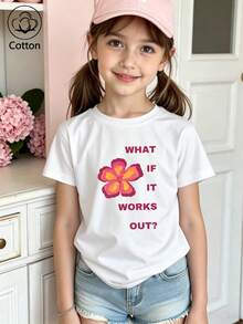 Summer & Autumn Girls' Cotton Short Sleeve T-Shirt, Cute Sweet Girly Preppy Style With Fun Printed Graphics - White - View 3