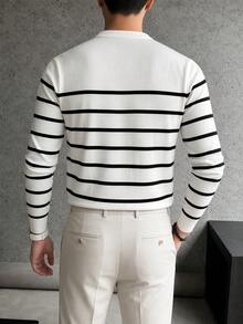 Men's Spring Autumn Fashion Minimalist Black Striped Crew Neck Long Sleeve Sweater - White - View 5